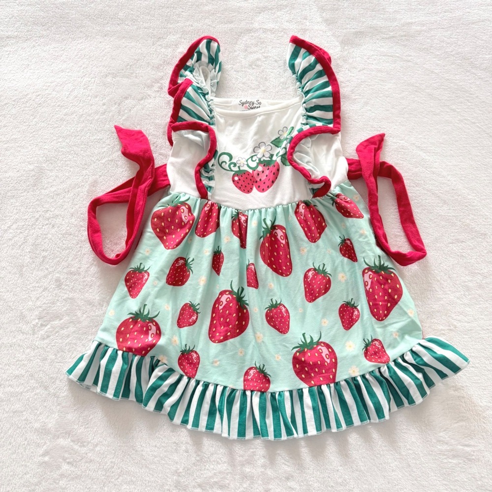 Sydney So Sweet Strawberry Dress Girls XS 2T-3T Red Mint‎ Ruffle Tie Back Summer